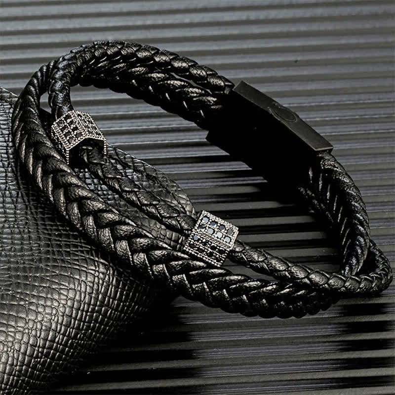 Buddha Stones Black Leather Hand-Woven Braided Titanium Steel Strength Multi-Wrap Bracelet - image 2