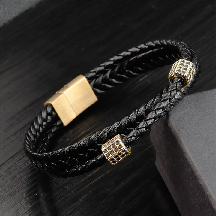 Buddha Stones Black Leather Hand-Woven Braided Titanium Steel Strength Multi-Wrap Bracelet - Gold - image 7