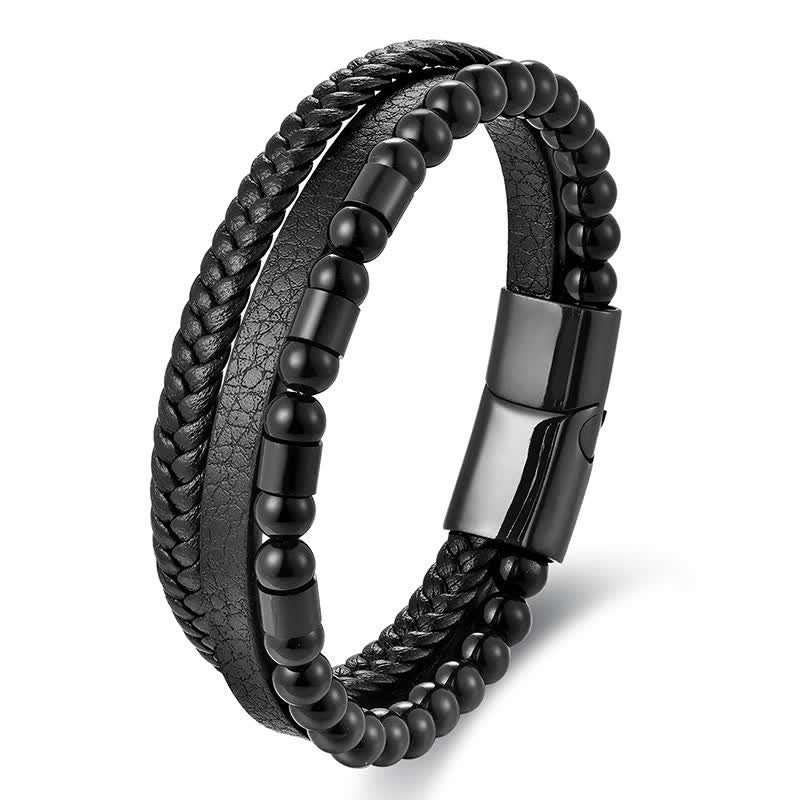 Buddha Stones Black Leather Strength Braided Double Layer Bracelet - Black - image 0