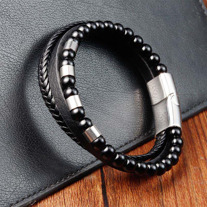 Buddha Stones Black Leather Strength Braided Double Layer Bracelet - image 10