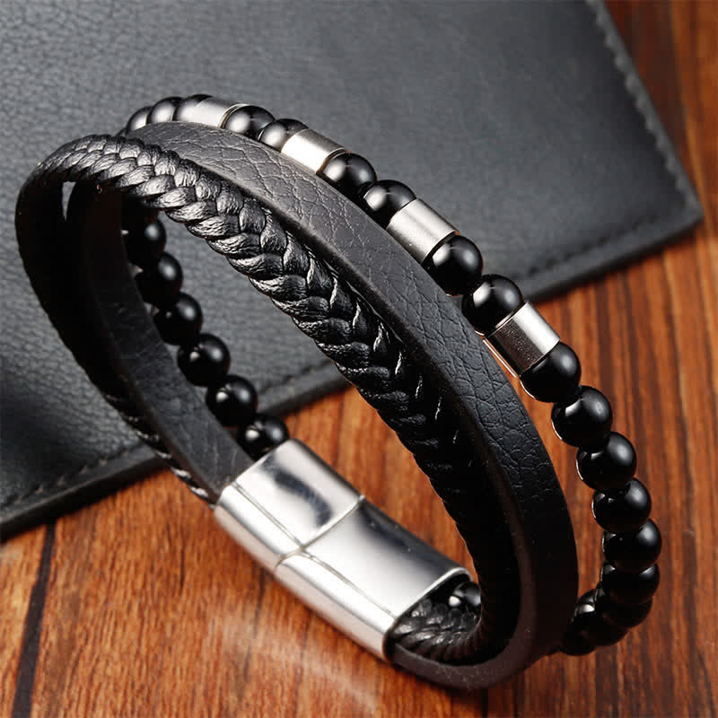 Buddha Stones Black Leather Strength Braided Double Layer Bracelet - image 9