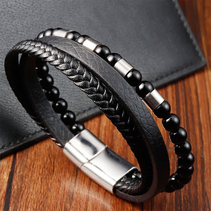 Buddha Stones Black Leather Strength Braided Double Layer Bracelet - image 9