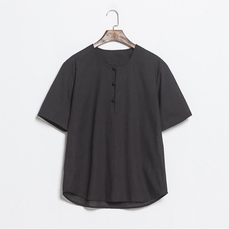 Buddha Stones Summer Casual Tang Style Frog Button Solid Men's Short Sleeve Shirts - Black - US/UK/AU46，EU56 (5XL) - image 7