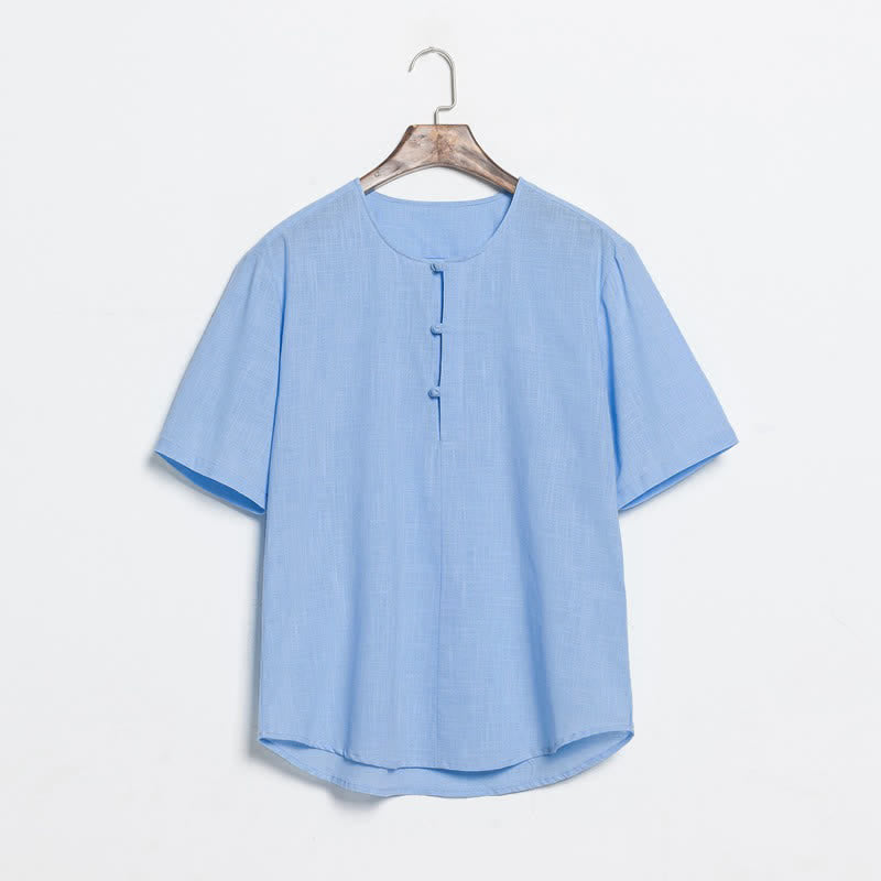 Buddha Stones Summer Casual Tang Style Frog Button Solid Men's Short Sleeve Shirts - LightBlue - US/UK/AU46，EU56 (5XL) - image 9