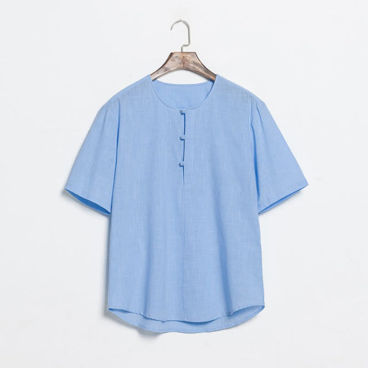 Buddha Stones Summer Casual Tang Style Frog Button Solid Men's Short Sleeve Shirts - LightBlue - US/UK/AU46，EU56 (5XL) - image 9