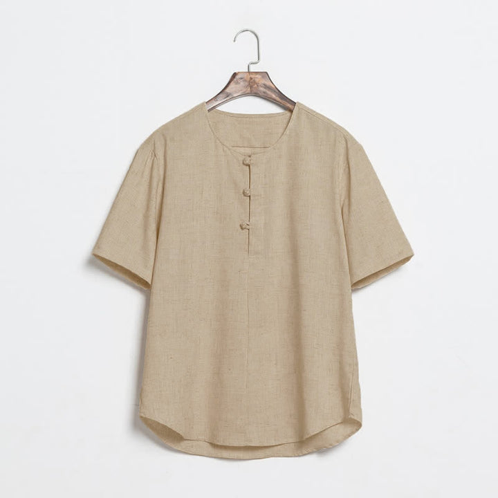 Buddha Stones Summer Casual Tang Style Frog Button Solid Men's Short Sleeve Shirts - Tan - US/UK/AU46，EU56 (5XL) - image 0
