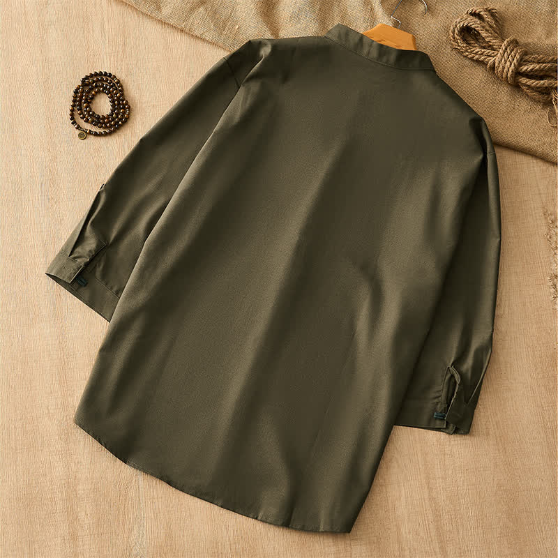 Buddha Stones Spring Summer Tang Style Casual Frog Button Solid Men's Long Sleeve Shirts - image 14