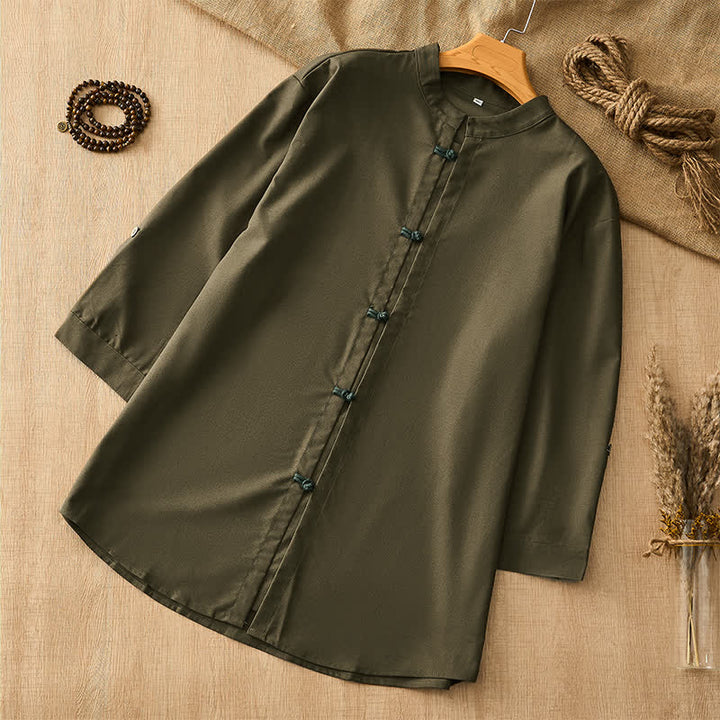 Buddha Stones Spring Summer Tang Style Casual Frog Button Solid Men's Long Sleeve Shirts - DarkOliveGreen - US/UK/AU44, EU54 (3XL) - image 13