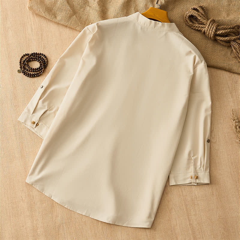 Buddha Stones Spring Summer Tang Style Casual Frog Button Solid Men's Long Sleeve Shirts - image 3