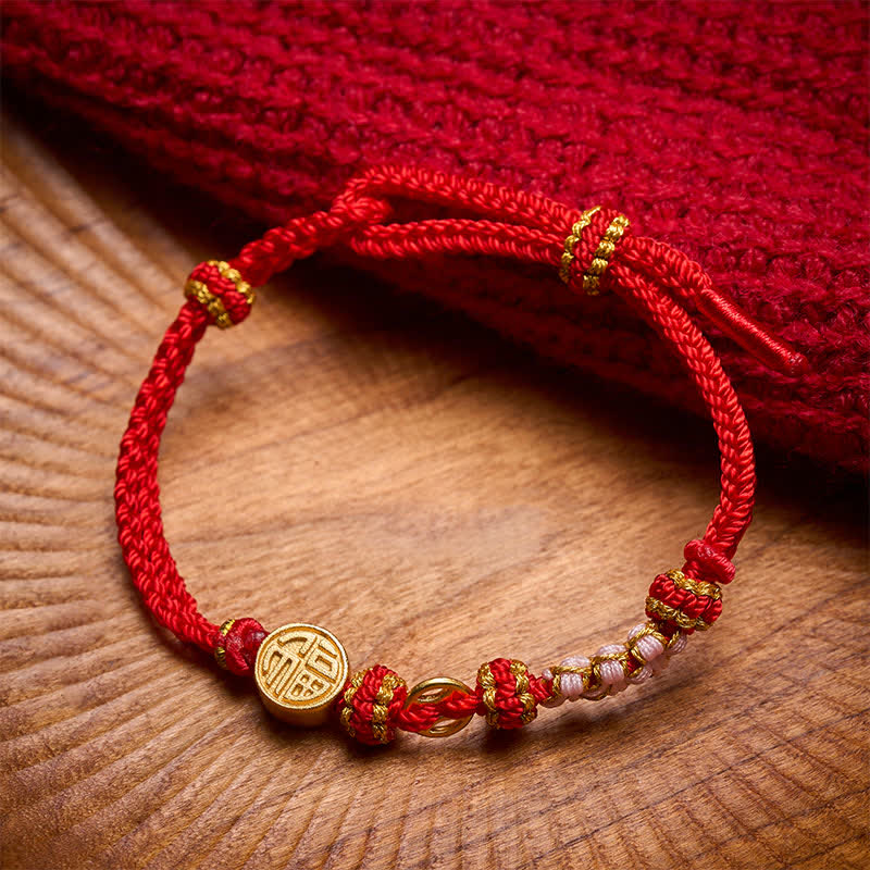 Buddha Stones Fu Character Copper Coins Red String Blessing Bracelet - image 1