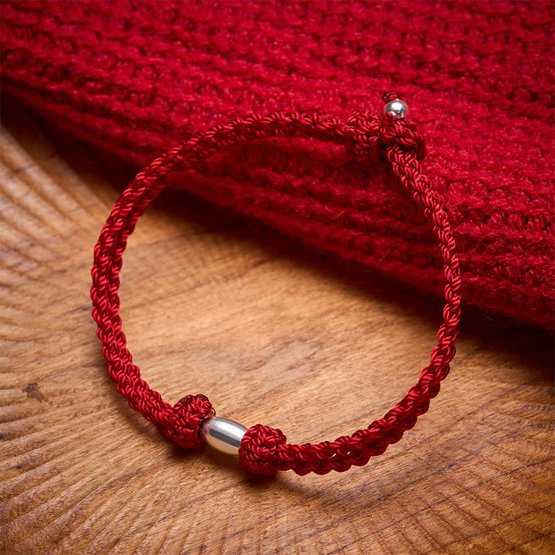 Buddha Stones 925 Sterling Silver Olive-Shaped Bead Red String Blessing Bracelet - image 1