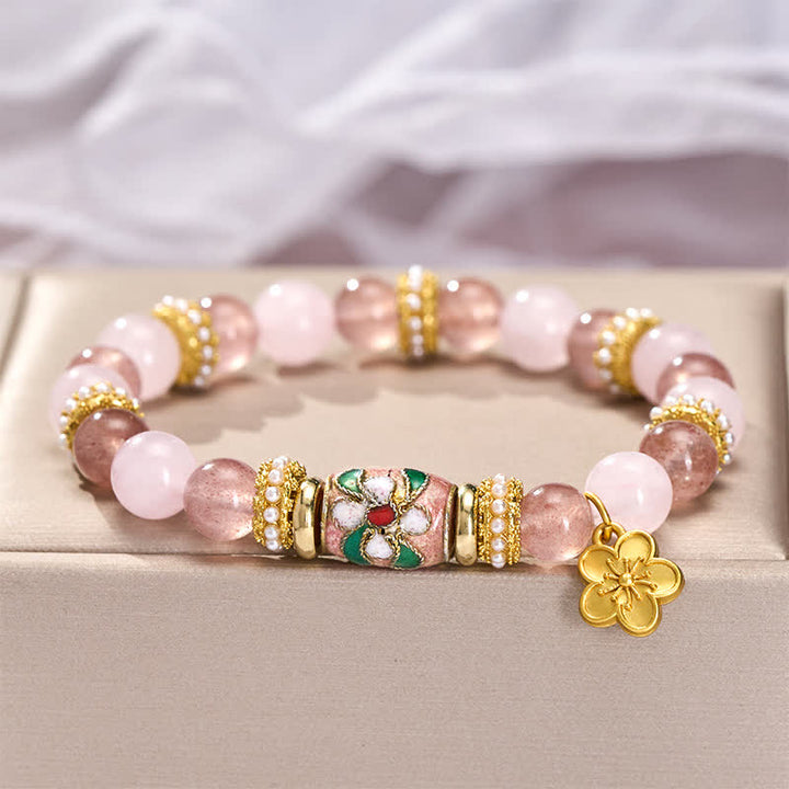 Buddha Stones Natural Strawberry Quartz Rose Quartz Enamel Flowers Pendant Love Round Polished Bead Bracelet - image 3