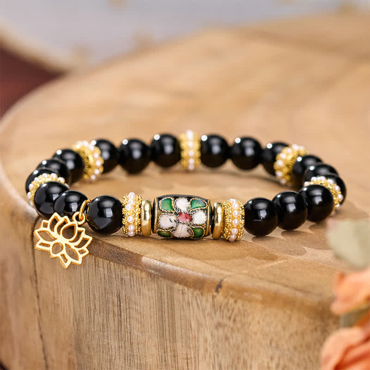 Buddha Stones Black Obsidian Cloisonné Enamel Flowers Lotus Pendant Protection Round Bead Bracelet - image 2
