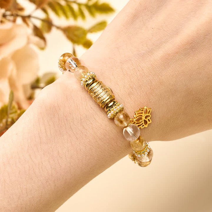 Buddha Stones Citrine Clear Quartz Enamel Barrel Bead Lotus Round Bead Bracelet - image 4
