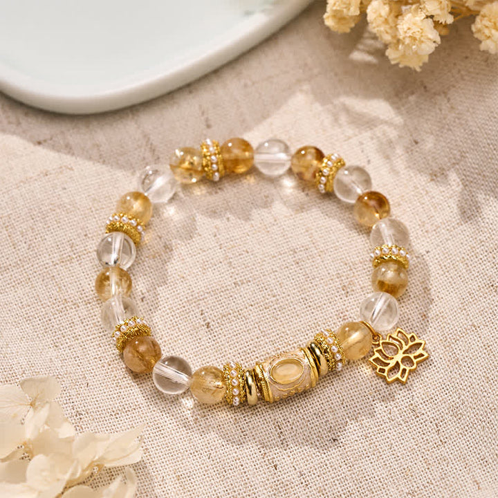 Buddha Stones Citrine Clear Quartz Enamel Barrel Bead Lotus Round Bead Bracelet - Citrine Clear Quartz(Wrist Circumference: 15–16 cm) - image 0