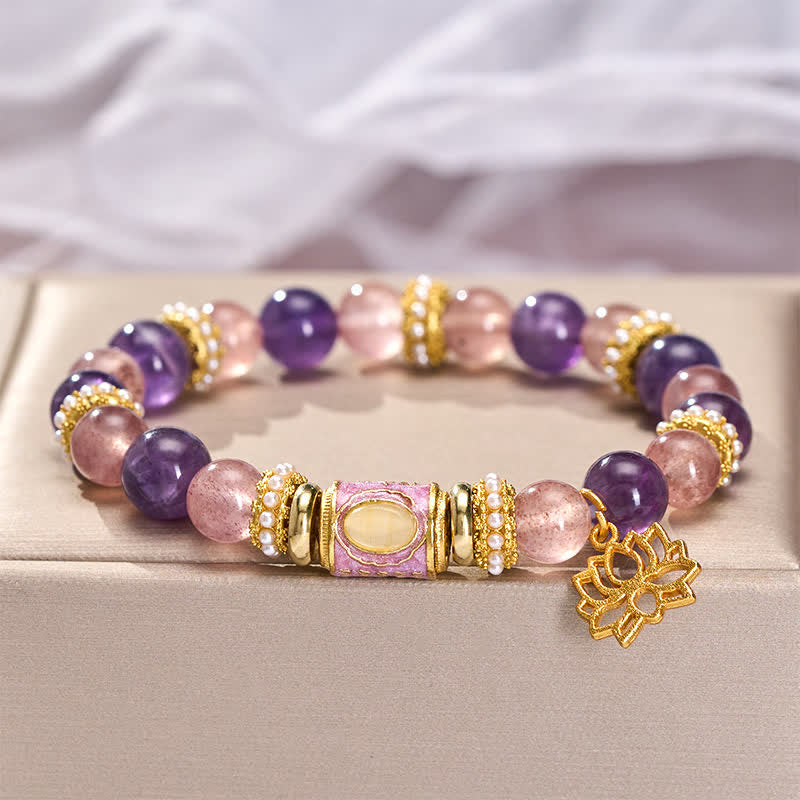 Buddha Stones Natural Amethyst Strawberry Quartz Enamel Barrel Bead Lotus Pendant Calm Hand Polished Round Bead Bracelet - image 3