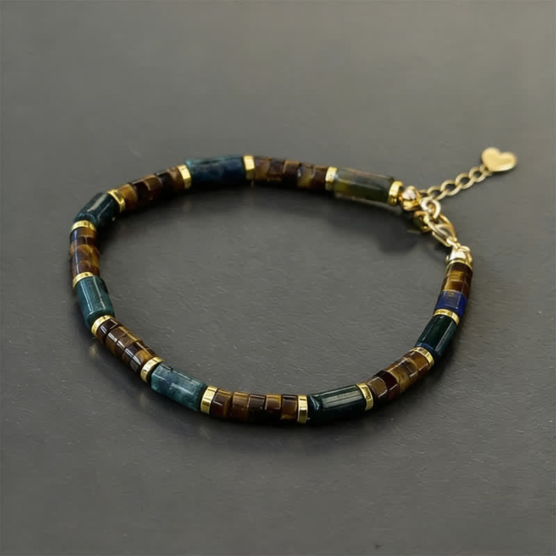 Buddha Stones Lapis Lazuli Indian Agate Tiger Eye Cylindrical Bead Wisdom Bracelet - With Extender Chain(Wrist Circumference: 16-18cm) - image 1