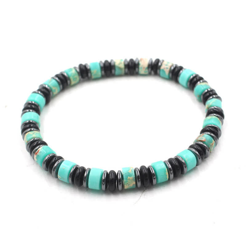 Buddha Stones Black Obsidian Hematite Hand Polished Ethnic Luck Flat Bead Bracelet - Turquoise(Protection ♥ Communication)(Wrist Circumference: 15-16cm) - image 4