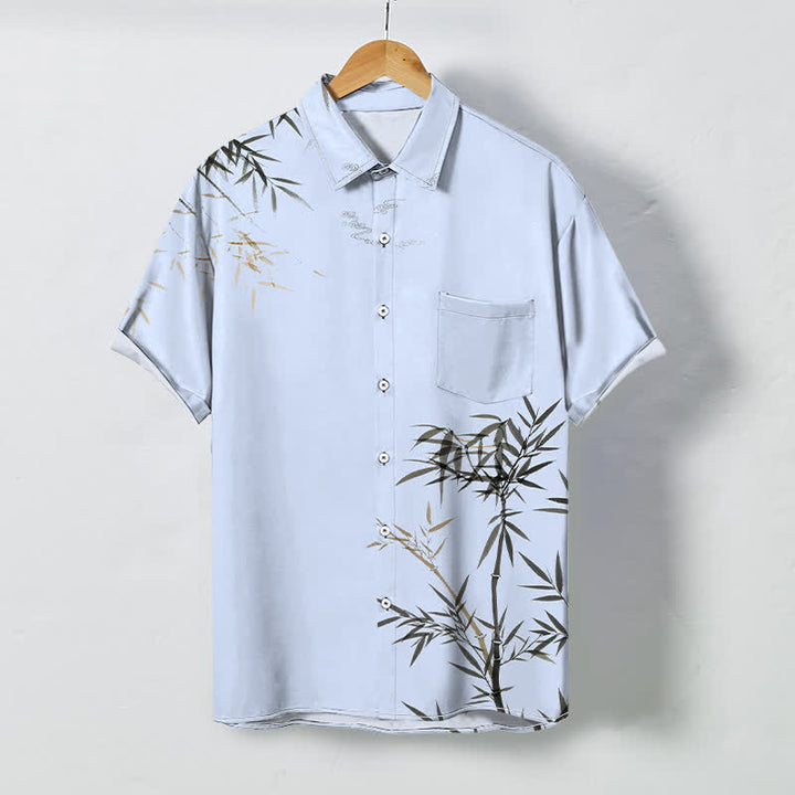 Buddha Stones Ink Bamboo Leaf Pattern Buttons Wrinkle-resistant Men's Short Sleeve Shirt - LightSkyBlue - US/UK/AU48，EU58 (4XL) - image 3