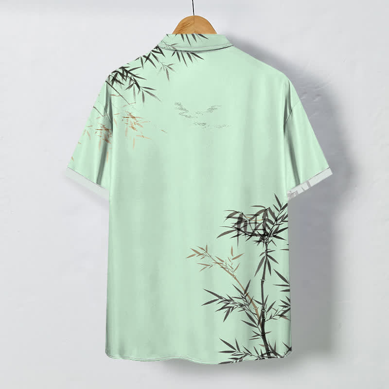 Buddha Stones Ink Bamboo Leaf Pattern Buttons Wrinkle-resistant Men's Short Sleeve Shirt - image 6