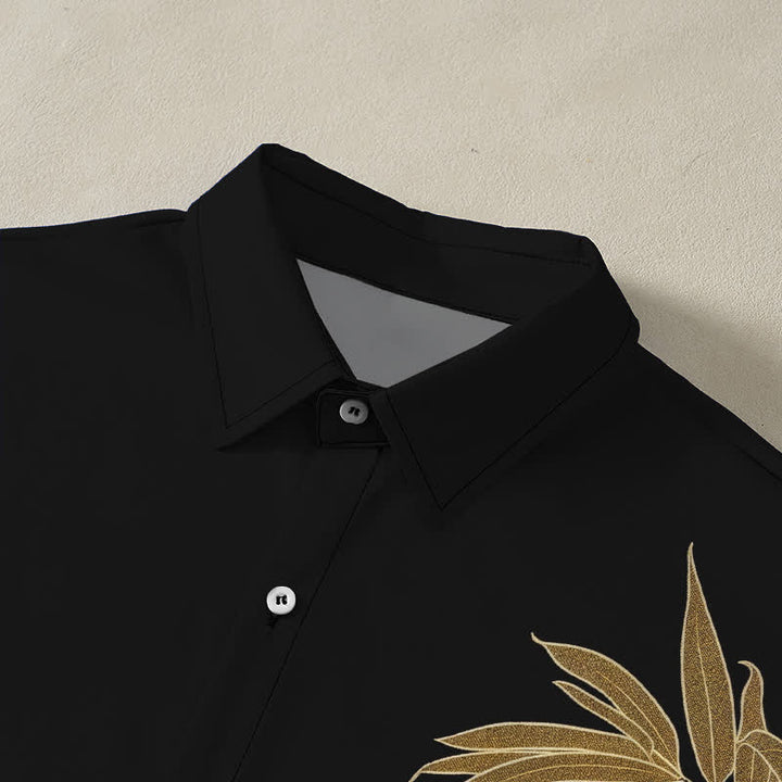 Buddha Stones Golden Bamboo Leaf Pattern Buttons Breathable Men's Short Sleeve Shirt - image 2