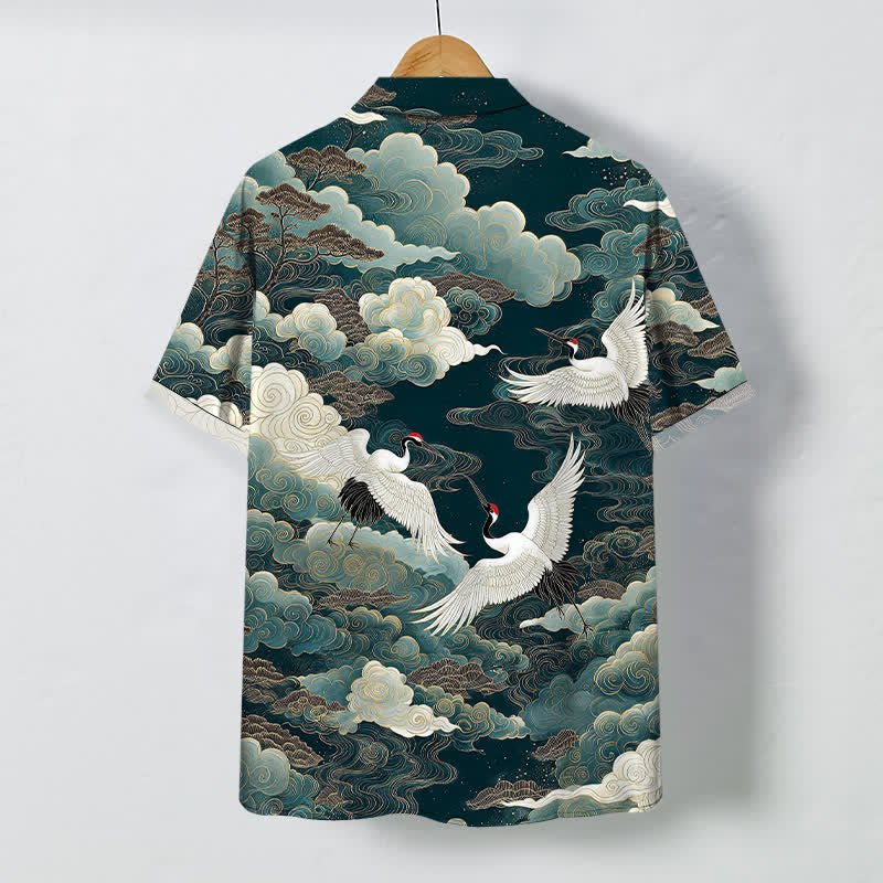 Buddha Stones Oriental Crane Cloud Wave Pattern Buttons Breathable Men's Short Sleeve Shirt - image 1