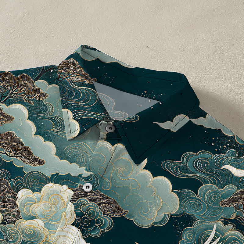 Buddha Stones Oriental Crane Cloud Wave Pattern Buttons Breathable Men's Short Sleeve Shirt - image 2