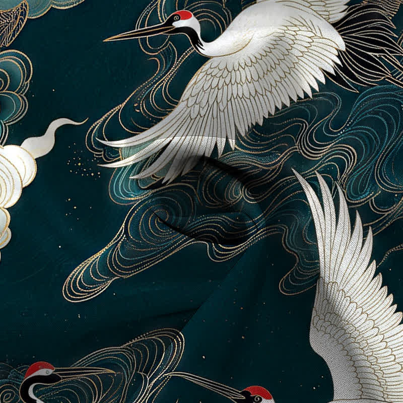 Buddha Stones Oriental Crane Cloud Wave Pattern Buttons Breathable Men's Short Sleeve Shirt - image 4