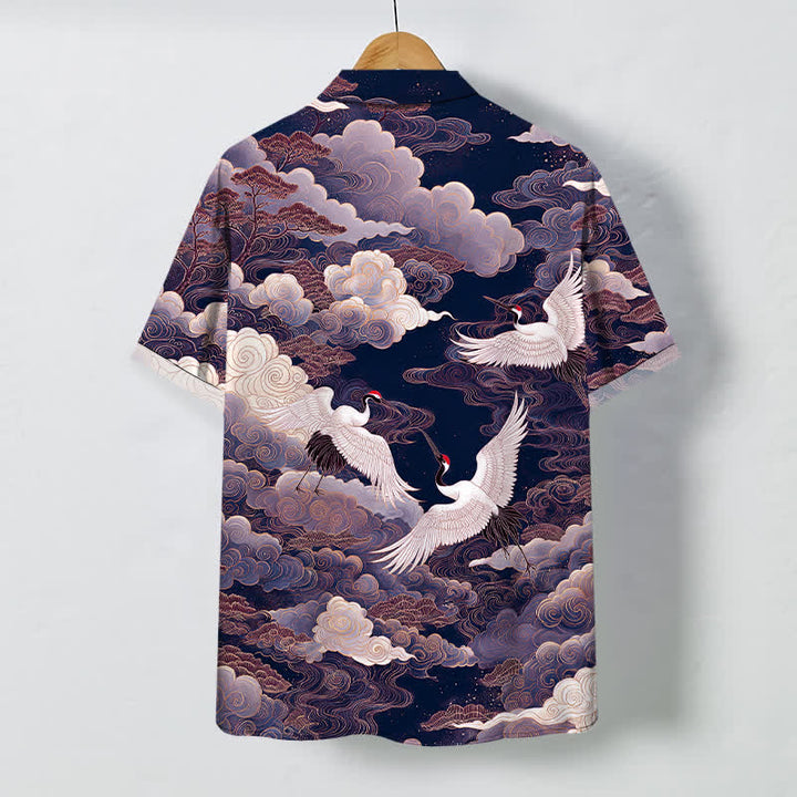 Buddha Stones Oriental Crane Cloud Wave Pattern Buttons Breathable Men's Short Sleeve Shirt - image 6