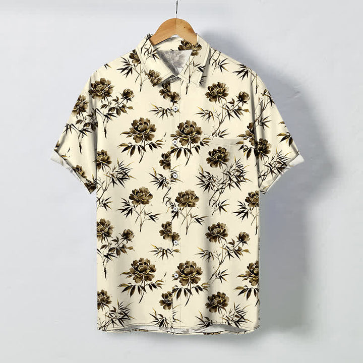 Buddha Stones Tropical Floral Leaf Pattern Buttons Breathable Men's Short Sleeve Shirt - Beige - US/UK/AU48，EU58 (4XL) - image 5