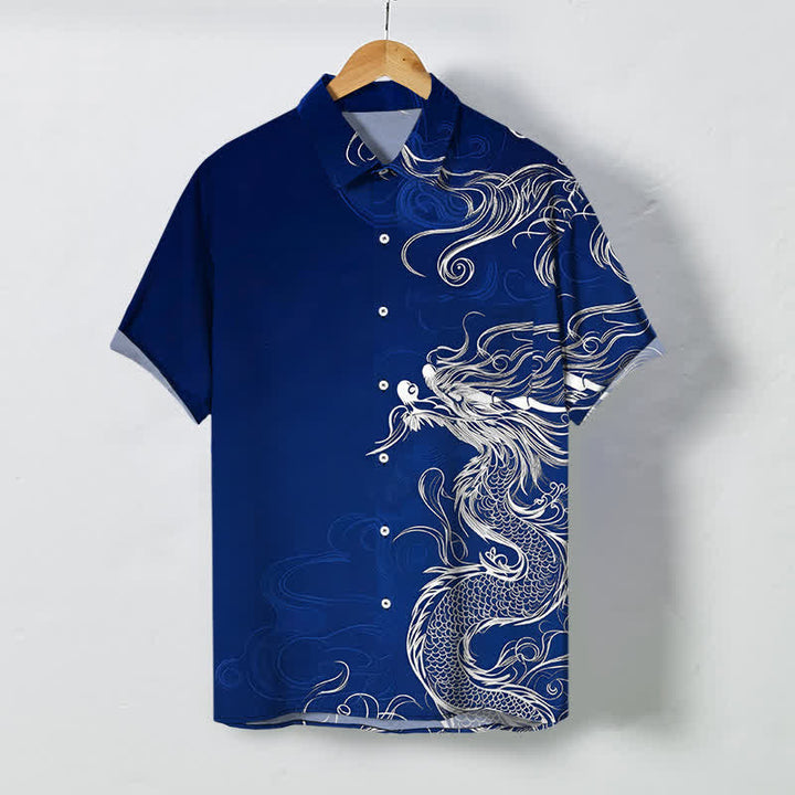 Buddha Stones Oriental Dragon Cloud Pattern Buttons Wrinkle-resistant Men's Short Sleeve Shirt - DarkBlue - US/UK/AU48，EU58 (4XL) - image 0