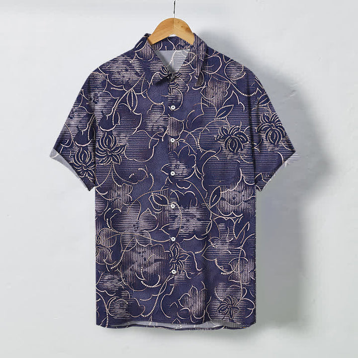 Buddha Stones Indigo Floral Vine Pattern Buttons Wrinkle-resistant Men's Short Sleeve Shirt - DarkSlateBlue - US/UK/AU48，EU58 (4XL) - image 5