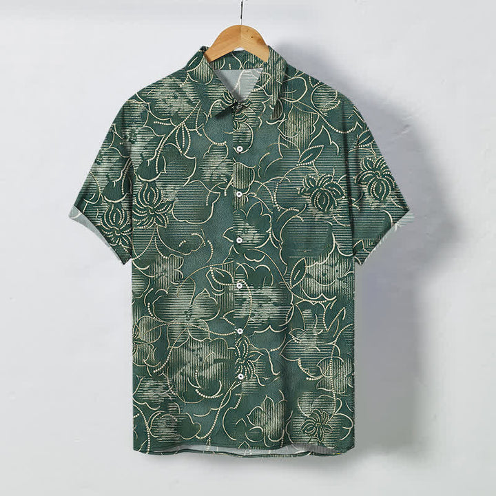 Buddha Stones Indigo Floral Vine Pattern Buttons Wrinkle-resistant Men's Short Sleeve Shirt - DarkOliveGreen - US/UK/AU48，EU58 (4XL) - image 7