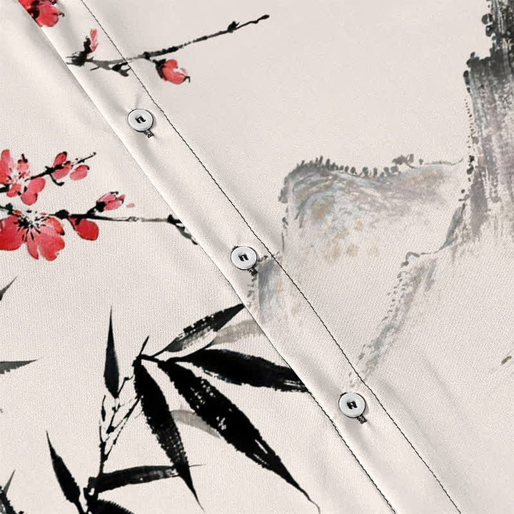Buddha Stones Ink Landscape Bamboo Blossom Sunset Pattern Buttons Breathable Men's Short Sleeve Shirt - image 3