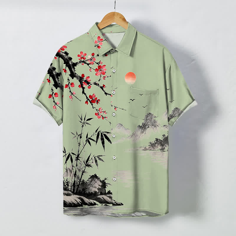 Buddha Stones Ink Landscape Bamboo Blossom Sunset Pattern Buttons Breathable Men's Short Sleeve Shirt - 	MediumSeaGreen - US/UK/AU48，EU58 (4XL) - image 7