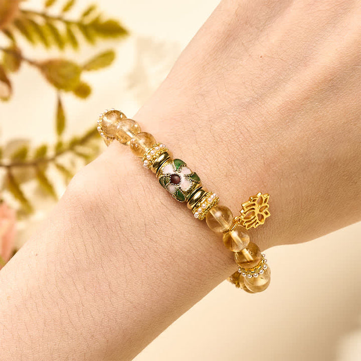 Buddha Stones Citrine Lotus Pendant Enamel Barrel Bead Abundance Hand-polished Round Bead Bracelet - image 4