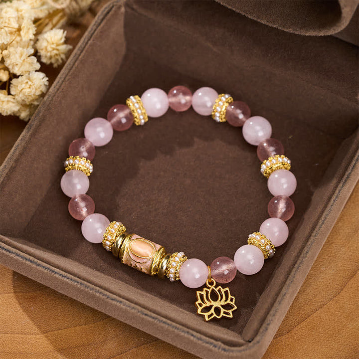 Buddha Stones Natural Strawberry Quartz Rose Quartz Enamel Barrel Bead Clarity Round Bead Bracelet - image 1