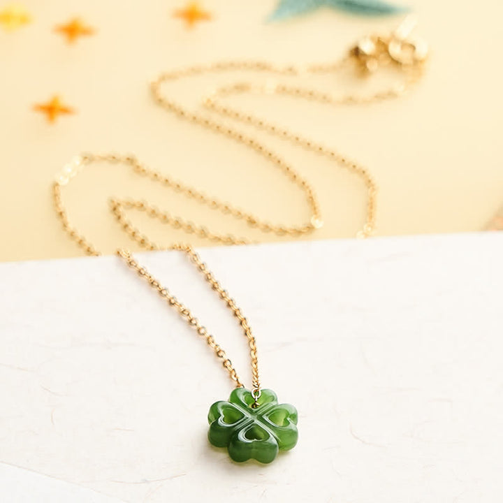 Buddha Stones Jade Four Leaf Clover Luck Hand Carved Pendant Necklace - image 2
