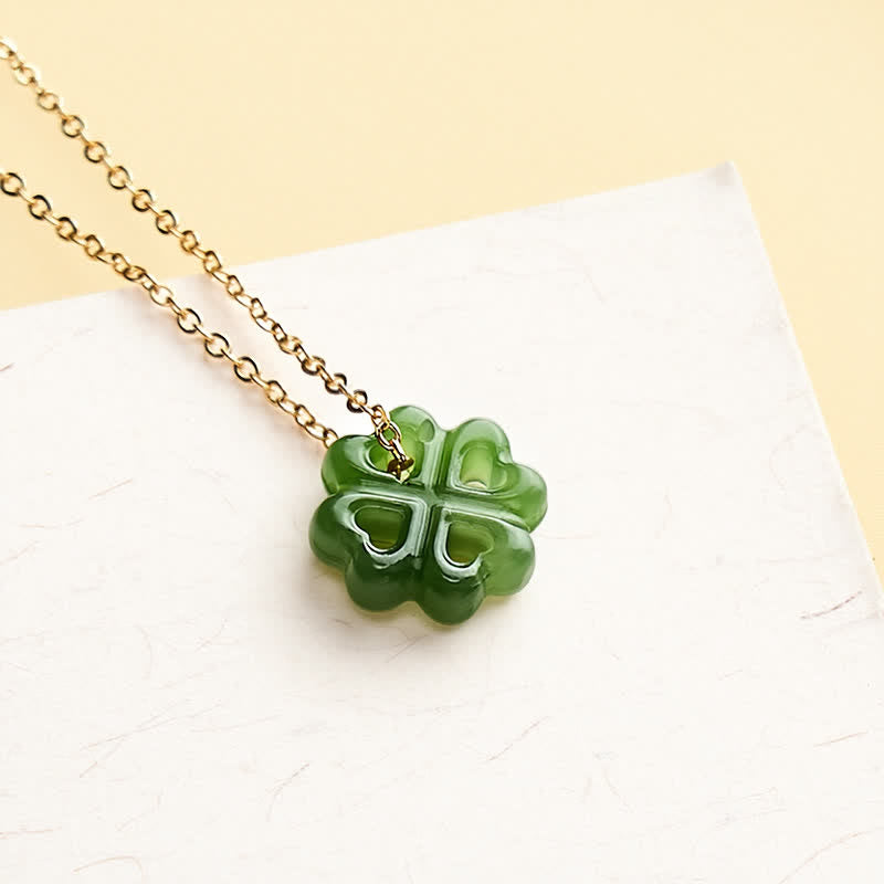 Buddha Stones Jade Four Leaf Clover Luck Hand Carved Pendant Necklace - image 1