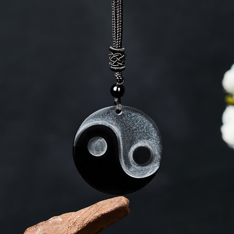 Buddha Stones Black Obsidian Yin Yang Balance Round Pendant Necklace - Black Obsidian(Purification♥Strength) - image 0