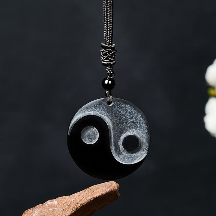 Buddha Stones Black Obsidian Yin Yang Balance Round Pendant Necklace - Black Obsidian(Purification♥Strength) - image 0