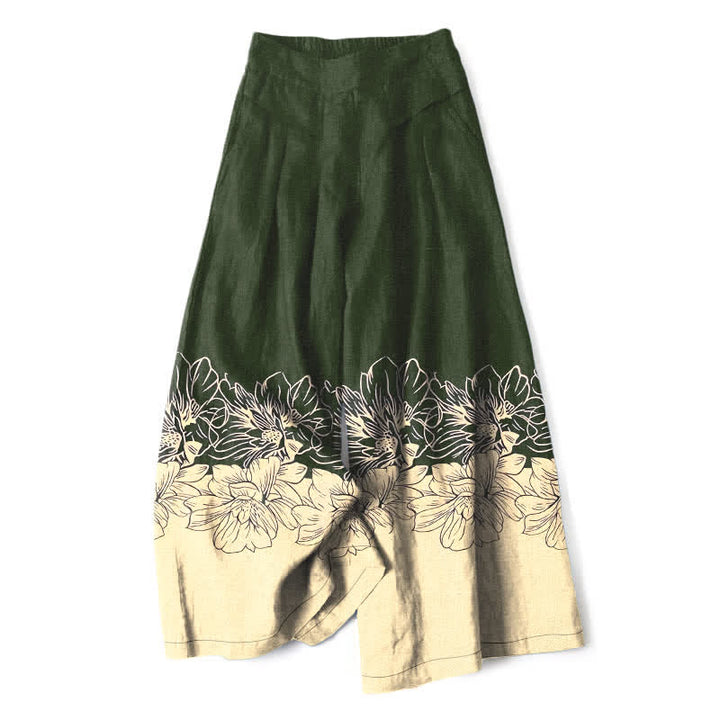 Buddha Stones Cotton Linen Vintage Floral Pattern Women's Elastic Waist Wide Leg Pants With Pockets - DarkOliveGreen - US16，UK/AU20，EU48 (3XL) - image 4