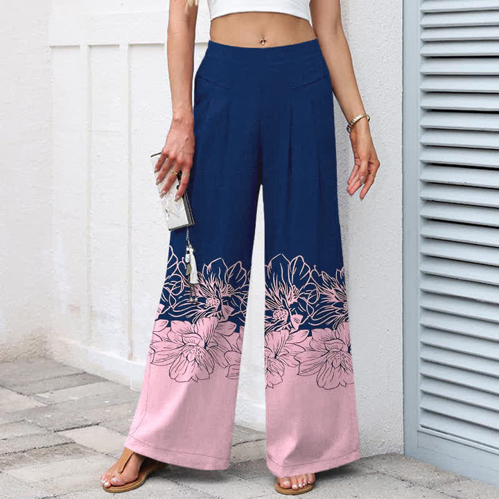 Buddha Stones Cotton Linen Vintage Floral Pattern Women's Elastic Waist Wide Leg Pants With Pockets - image 7