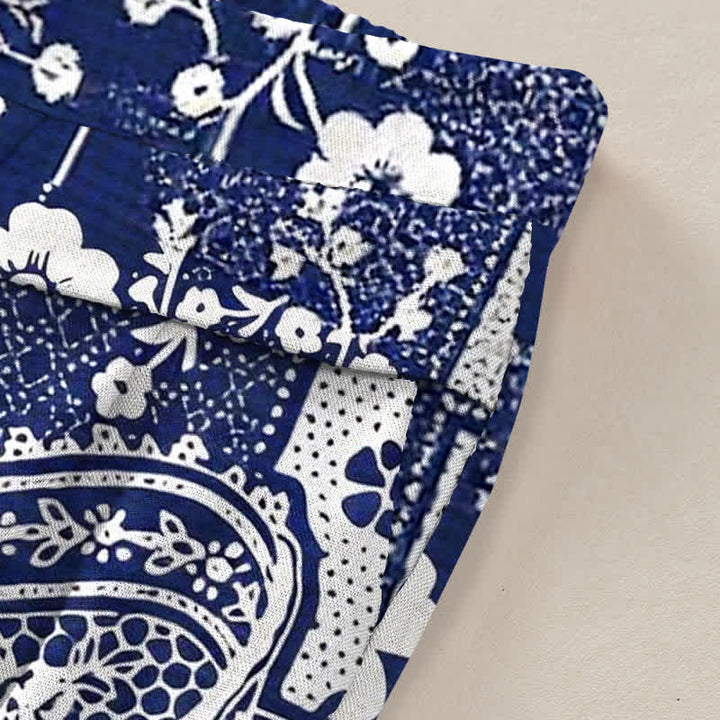 Buddha Stones Cotton Linen Vintage Floral Geometric Patchwork Pattern Women's Elastic Waist Wide Leg Pants With Pockets - image 2