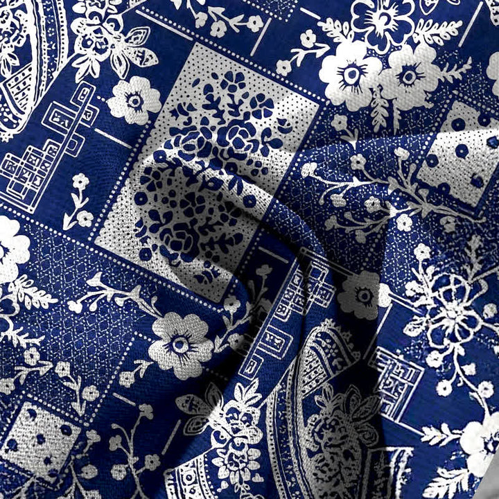 Buddha Stones Cotton Linen Vintage Floral Geometric Patchwork Pattern Women's Elastic Waist Wide Leg Pants With Pockets - image 3