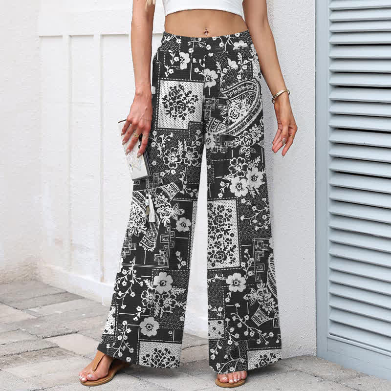 Buddha Stones Cotton Linen Vintage Floral Geometric Patchwork Pattern Women's Elastic Waist Wide Leg Pants With Pockets - image 7