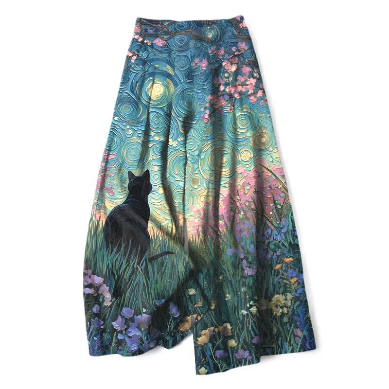 Buddha Stones Cotton Linen Enchanted Forest Black Cat Pattern Women's Elastic Waist Wide Leg Pants With Pockets - CadetBlue - US16，UK/AU20，EU48 (3XL) - image 0