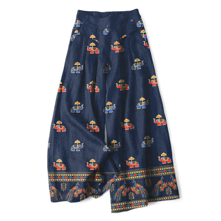 Buddha Stones Cotton Linen Bohemian Elephant Pattern Women's Elastic Waist Wide Leg Pants With Pockets - MidnightBlue - US16，UK/AU20，EU48 (3XL) - image 0