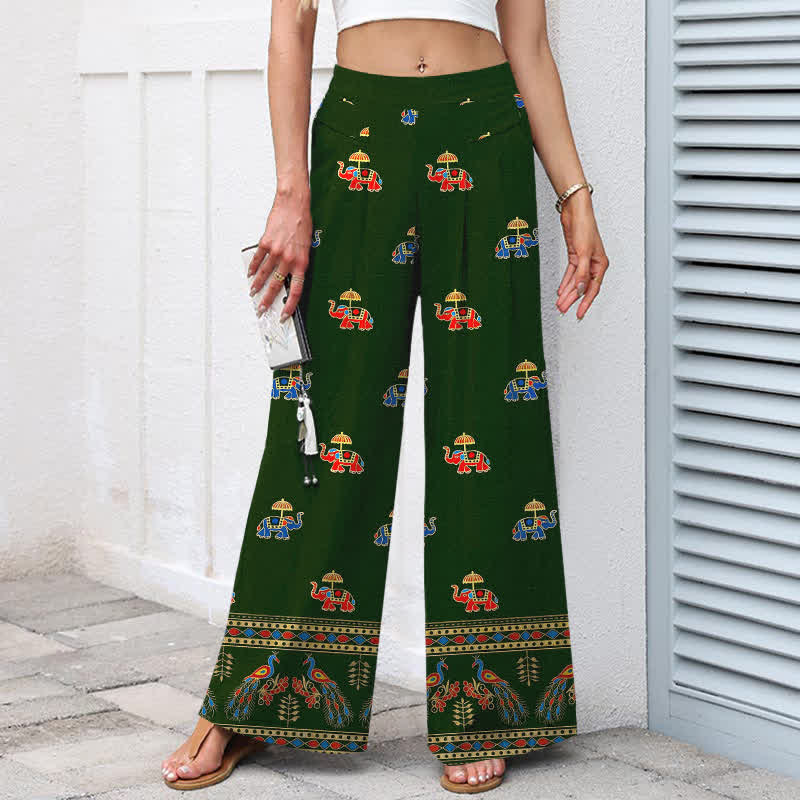 Buddha Stones Cotton Linen Bohemian Elephant Pattern Women's Elastic Waist Wide Leg Pants With Pockets - image 7