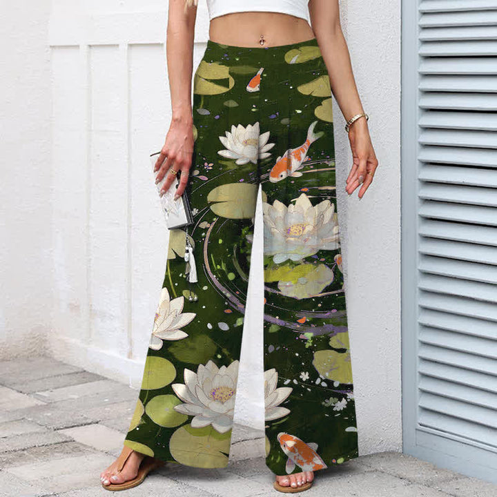 Buddha Stones Cotton Linen Lotus Koi Fish Pattern Women's Elastic Waist Wide Leg Pants With Pockets - image 7